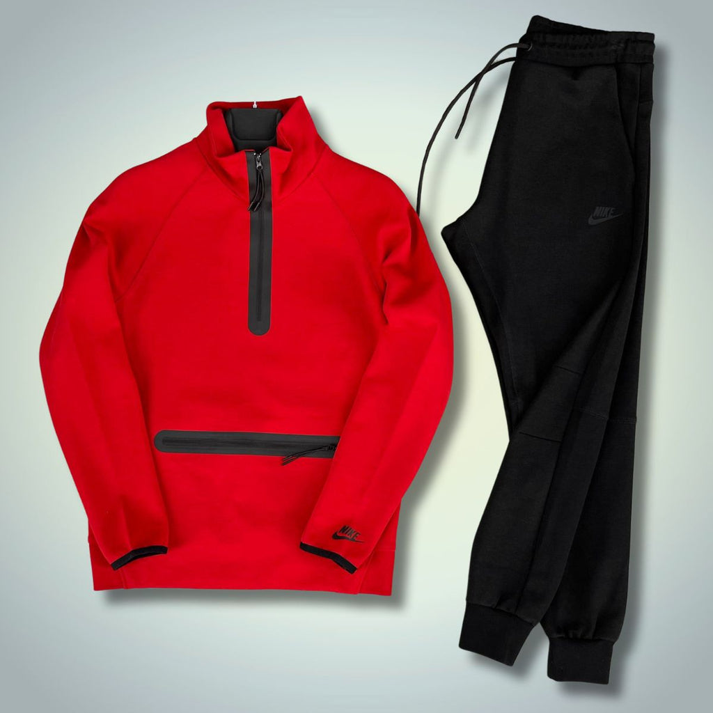 Nike Tech Fleece pánska tepláková súprava, predné vrecko, červená - čierna. Model 2024. Vynikajúca kvalita