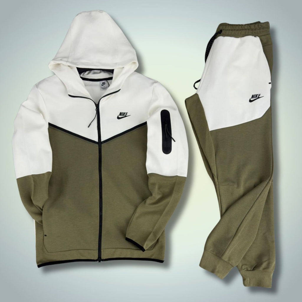 Nike Tech Fleece pánska tepláková súprava, olivovo zelená - biela. Vynikajúca kvalita