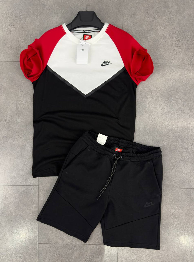 Pánska súprava Nike Tech Fleece, pozostáva z čiernych krátkych nohavíc a biele, červené a čierne tričká s krátkym rukávom. Vynikajúca kvalita.