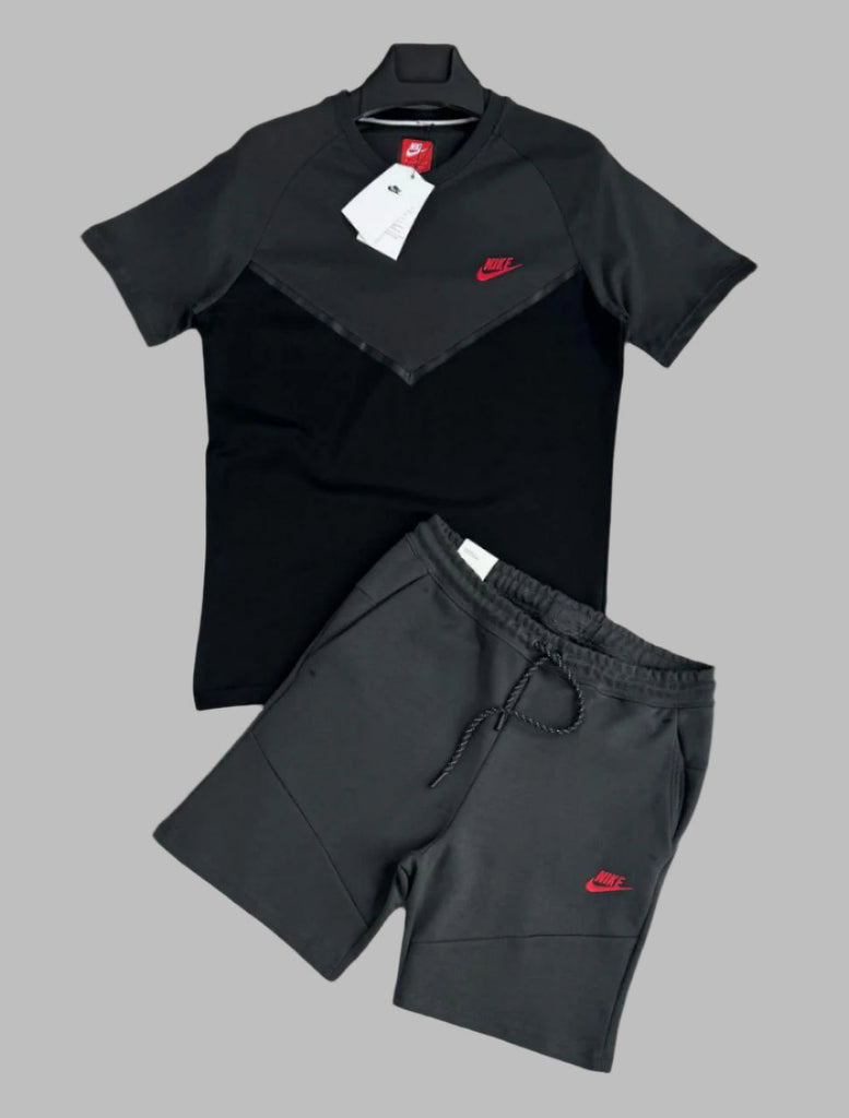 Pánska súprava Nike Tech Fleece s kratkimi nohavicami a tričko, grafitové-čierny. Prémiová kvalita.