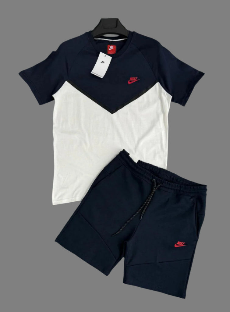 Pánska súprava Nike Tech Fleece s kratkimi nohavicami a tričko, tmavomodrá a biela. Prémiová kvalita.
