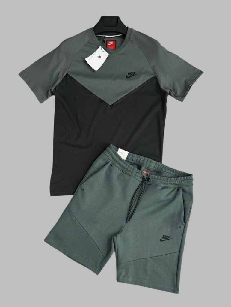 Pánska súprava Nike Tech Fleece s kratkimi nohavicami a tričko, sivozelená a grafitová. Prémiová kvalita.