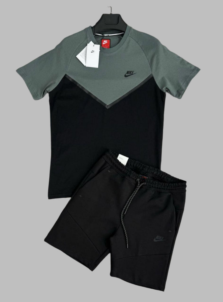 Pánska súprava Nike Tech Fleece s kratkimi nohavicami a tričko, sivozelená a čierna. Prémiová kvalita.