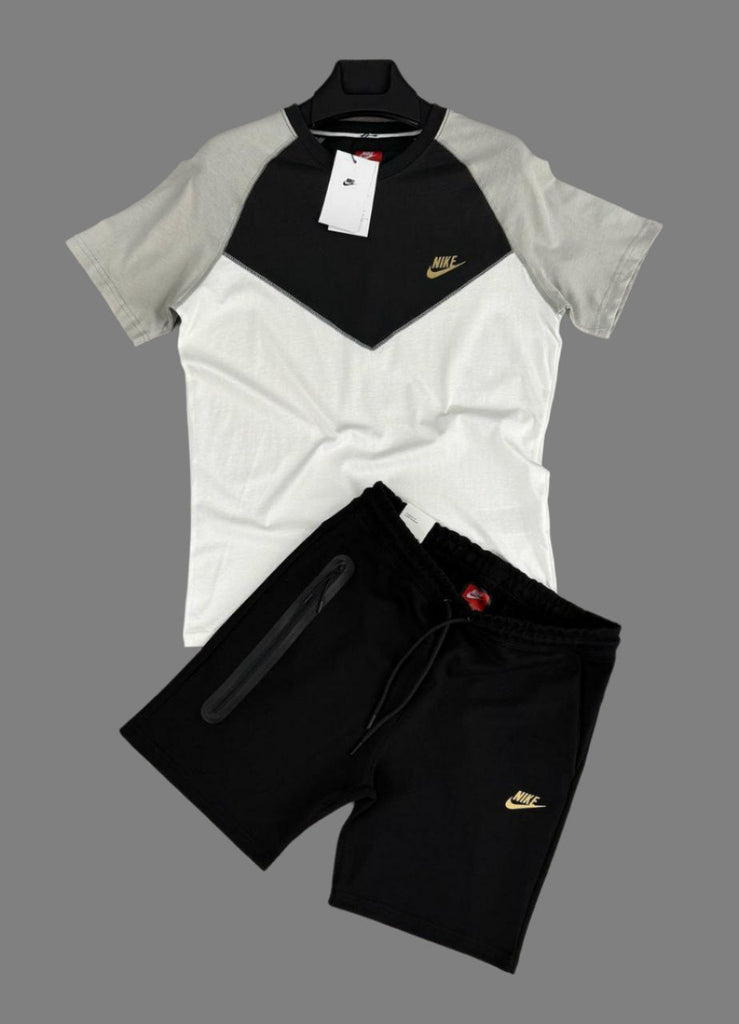 Pánska súprava Nike Tech Fleece, ecru, sivé-čierna tričko a čierne krátke nohavice. Vynikajúca kvalita.
