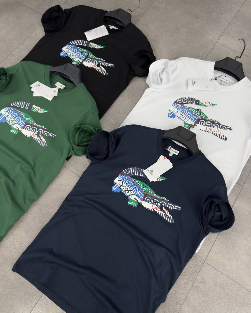 pánske tričko Lacoste, s potlačou veľkým farebným krokodílom – biela. Prémiová kvalita.