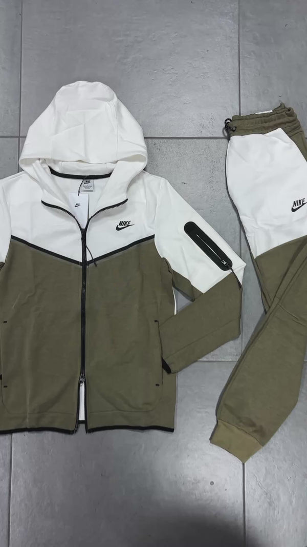 Nike Tech Fleece pánska tepláková súprava, olivovo zelená - biela. Vynikajúca kvalita